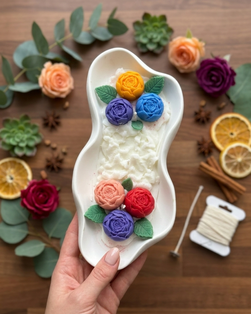 Taş Tozu Kasede Şakayık Çiçekli Soya Mum