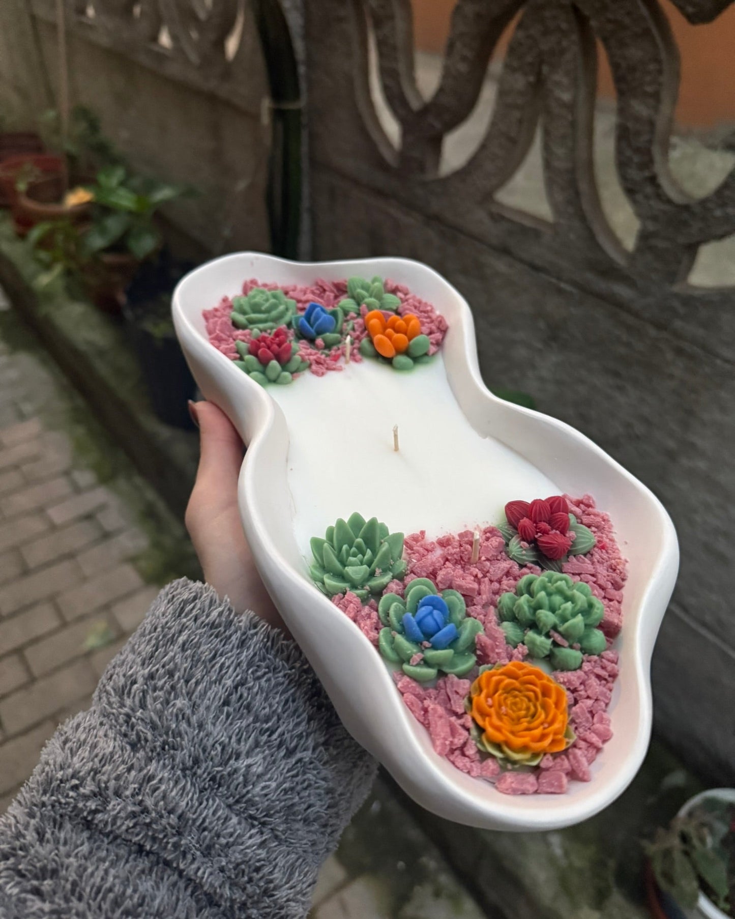 Taş Tozu Kasede Sukulentli Soya Mum
