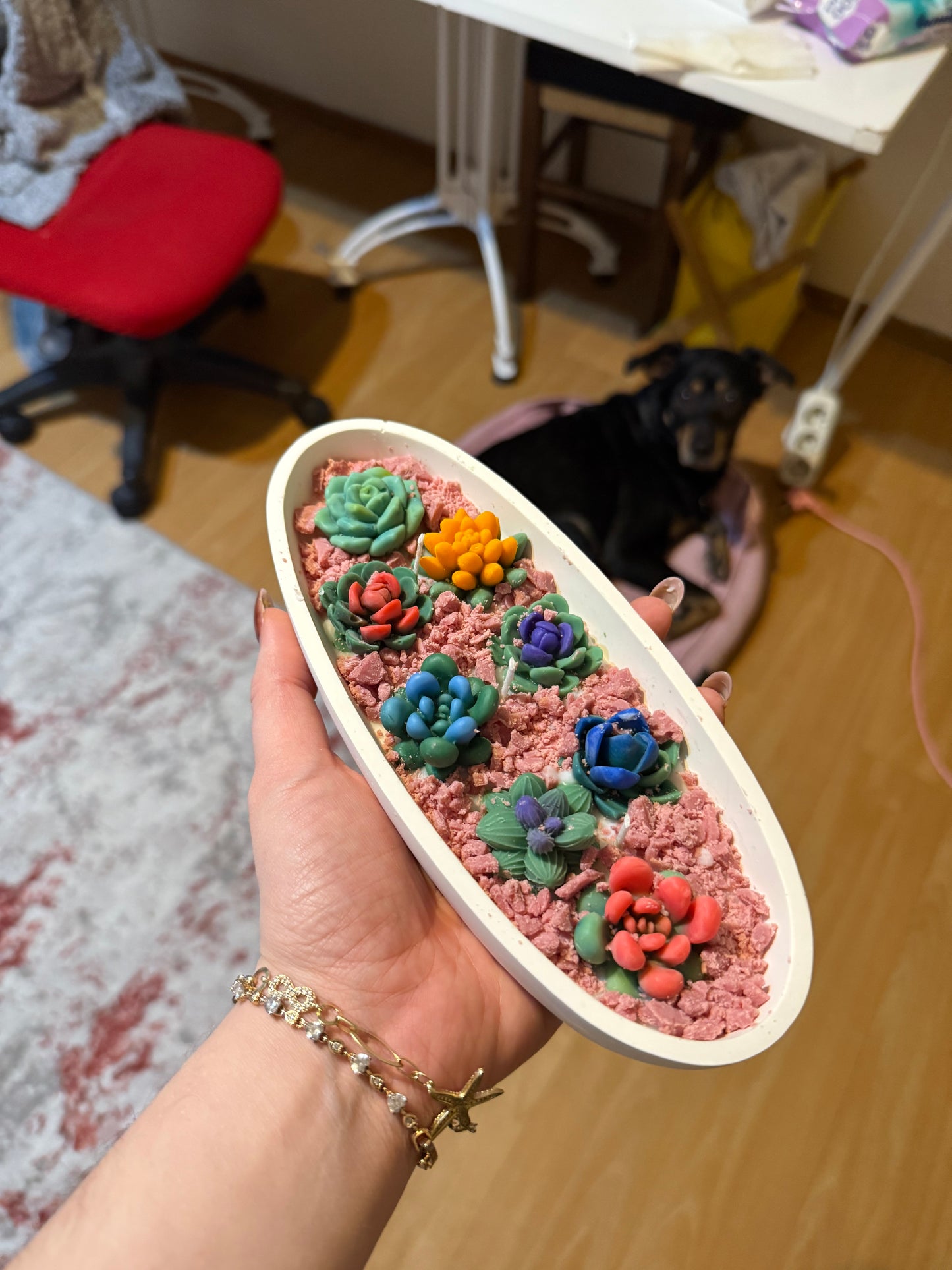 Oval Taş Tozu Kasede Sukulentli Soya Mum